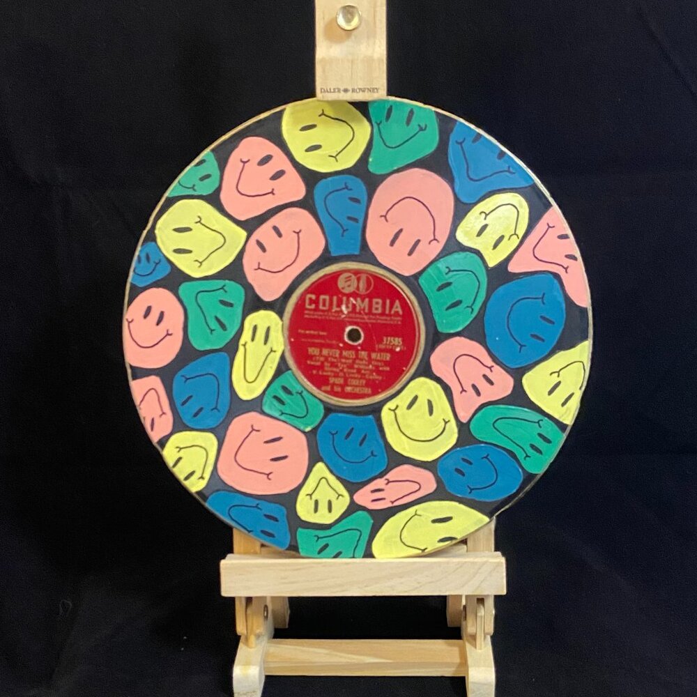 CLEARANCE Hand painted Record -Happy Faces  -1of1-  by BadAsh -Unique Decor